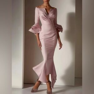 Fehaute Ruffled Bell Sleeves Off Shoulder Mermaid Dress Pink Sz6